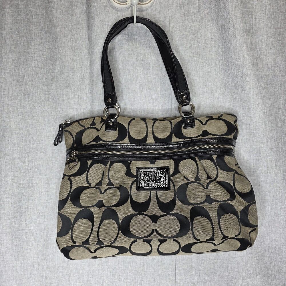 Coach Daisy Poppy Signature Canvas Tote Bag Graffiti Patch Black Gray Y2K F22947